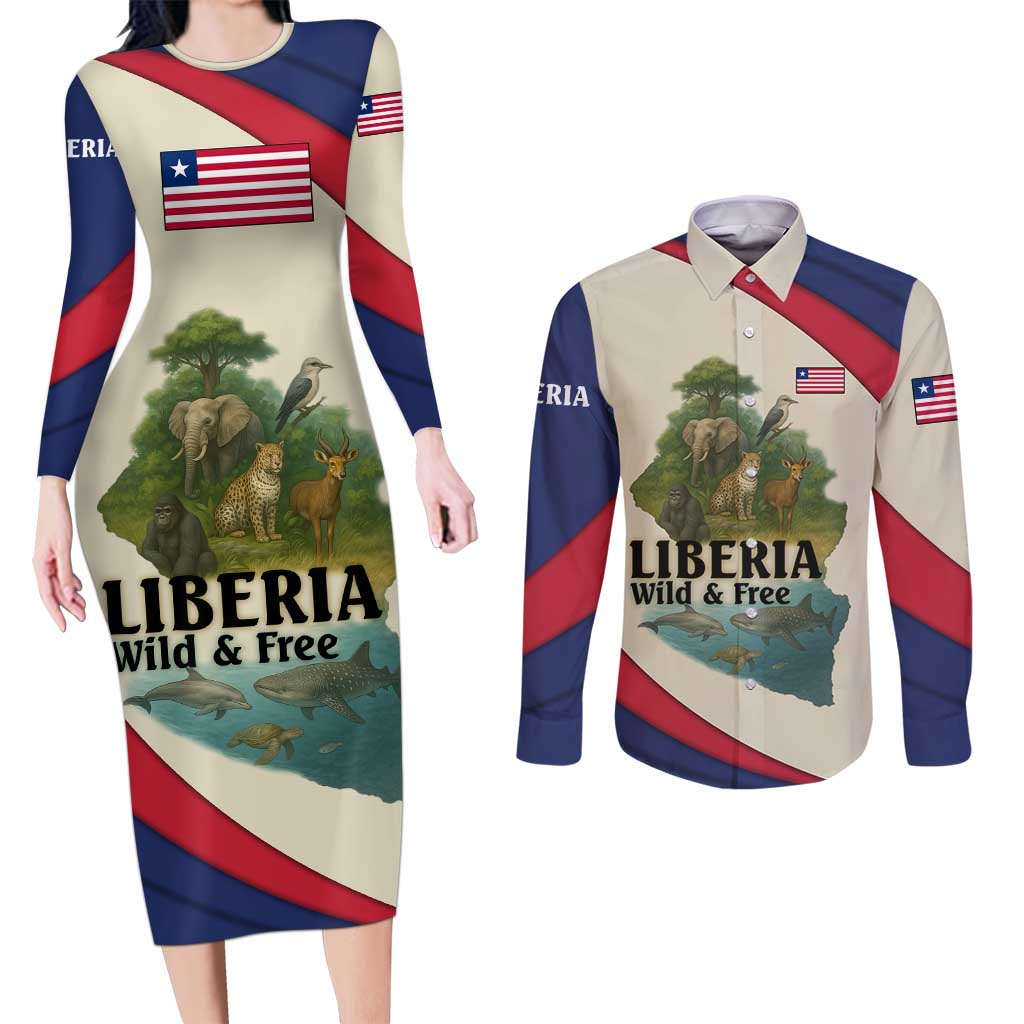Liberia Wildlife Couples Matching Long Sleeve Bodycon Dress and Long Sleeve Button Shirt with African Safari and Ocean Marine Life Design