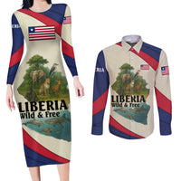 Liberia Wildlife Couples Matching Long Sleeve Bodycon Dress and Long Sleeve Button Shirt with African Safari and Ocean Marine Life Design