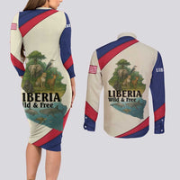 Liberia Wildlife Couples Matching Long Sleeve Bodycon Dress and Long Sleeve Button Shirt with African Safari and Ocean Marine Life Design