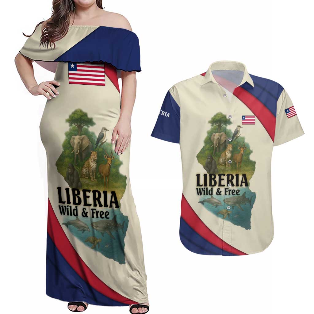 Liberia Wildlife Couples Matching Off Shoulder Maxi Dress and Hawaiian Shirt with African Safari and Ocean Marine Life Design