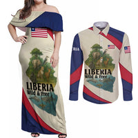 Liberia Wildlife Couples Matching Off Shoulder Maxi Dress and Long Sleeve Button Shirt with African Safari and Ocean Marine Life Design