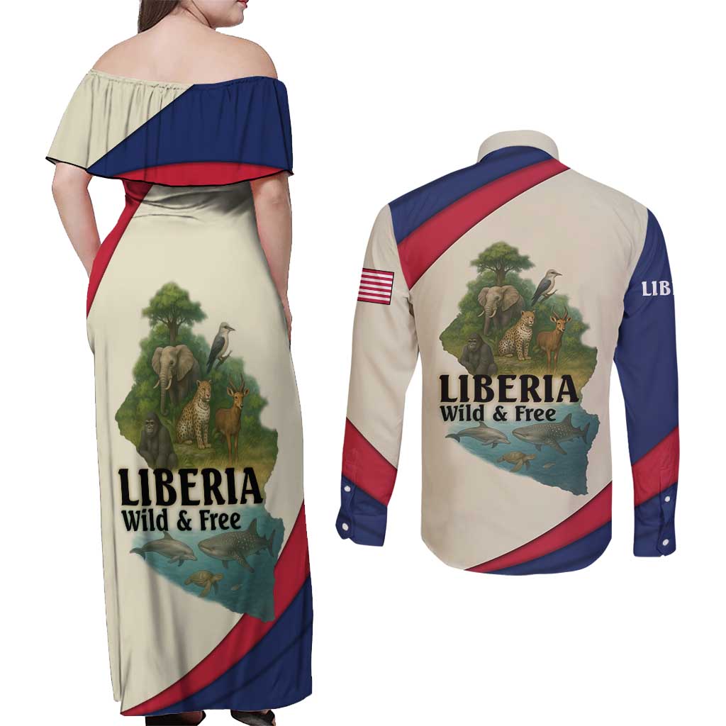 Liberia Wildlife Couples Matching Off Shoulder Maxi Dress and Long Sleeve Button Shirt with African Safari and Ocean Marine Life Design
