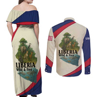 Liberia Wildlife Couples Matching Off Shoulder Maxi Dress and Long Sleeve Button Shirt with African Safari and Ocean Marine Life Design