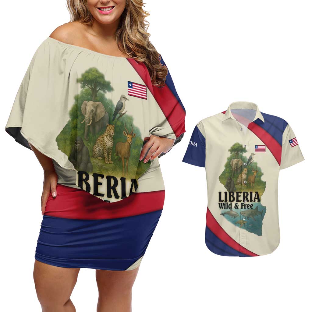 Liberia Wildlife Couples Matching Off Shoulder Short Dress and Hawaiian Shirt with African Safari and Ocean Marine Life Design