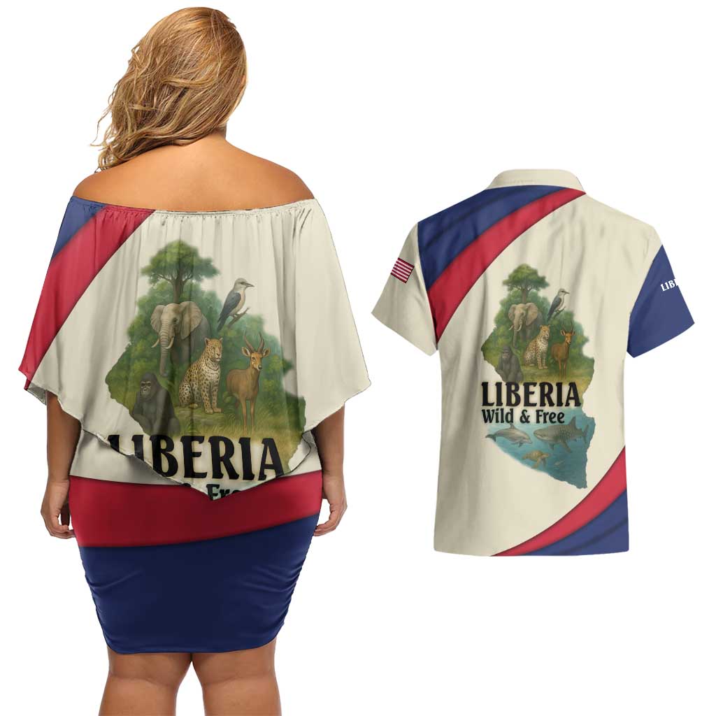Liberia Wildlife Couples Matching Off Shoulder Short Dress and Hawaiian Shirt with African Safari and Ocean Marine Life Design