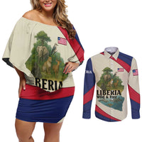 Liberia Wildlife Couples Matching Off Shoulder Short Dress and Long Sleeve Button Shirt with African Safari and Ocean Marine Life Design