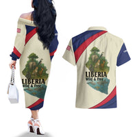 Liberia Wildlife Couples Matching Off The Shoulder Long Sleeve Dress and Hawaiian Shirt with African Safari and Ocean Marine Life Design