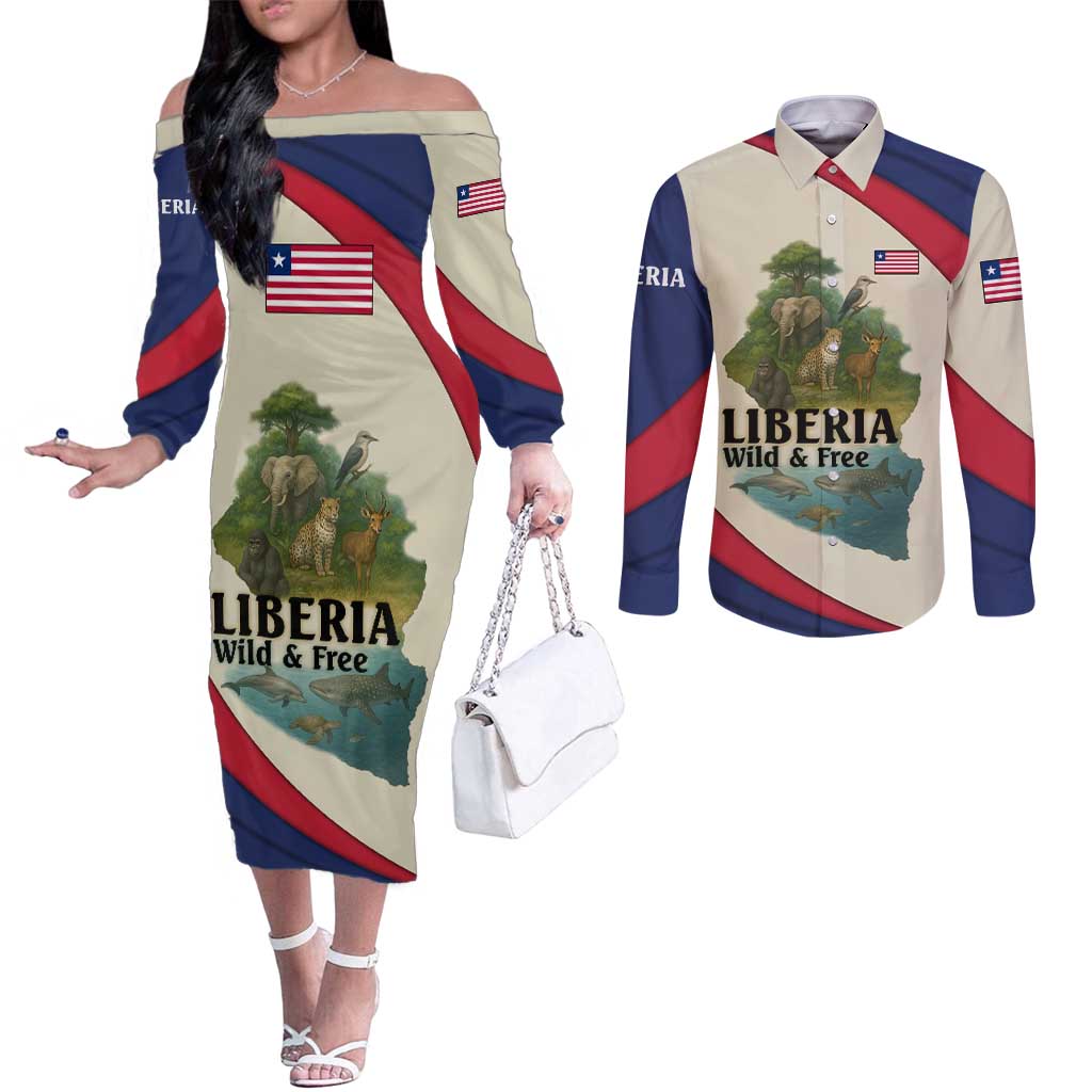 Liberia Wildlife Couples Matching Off The Shoulder Long Sleeve Dress and Long Sleeve Button Shirt with African Safari and Ocean Marine Life Design