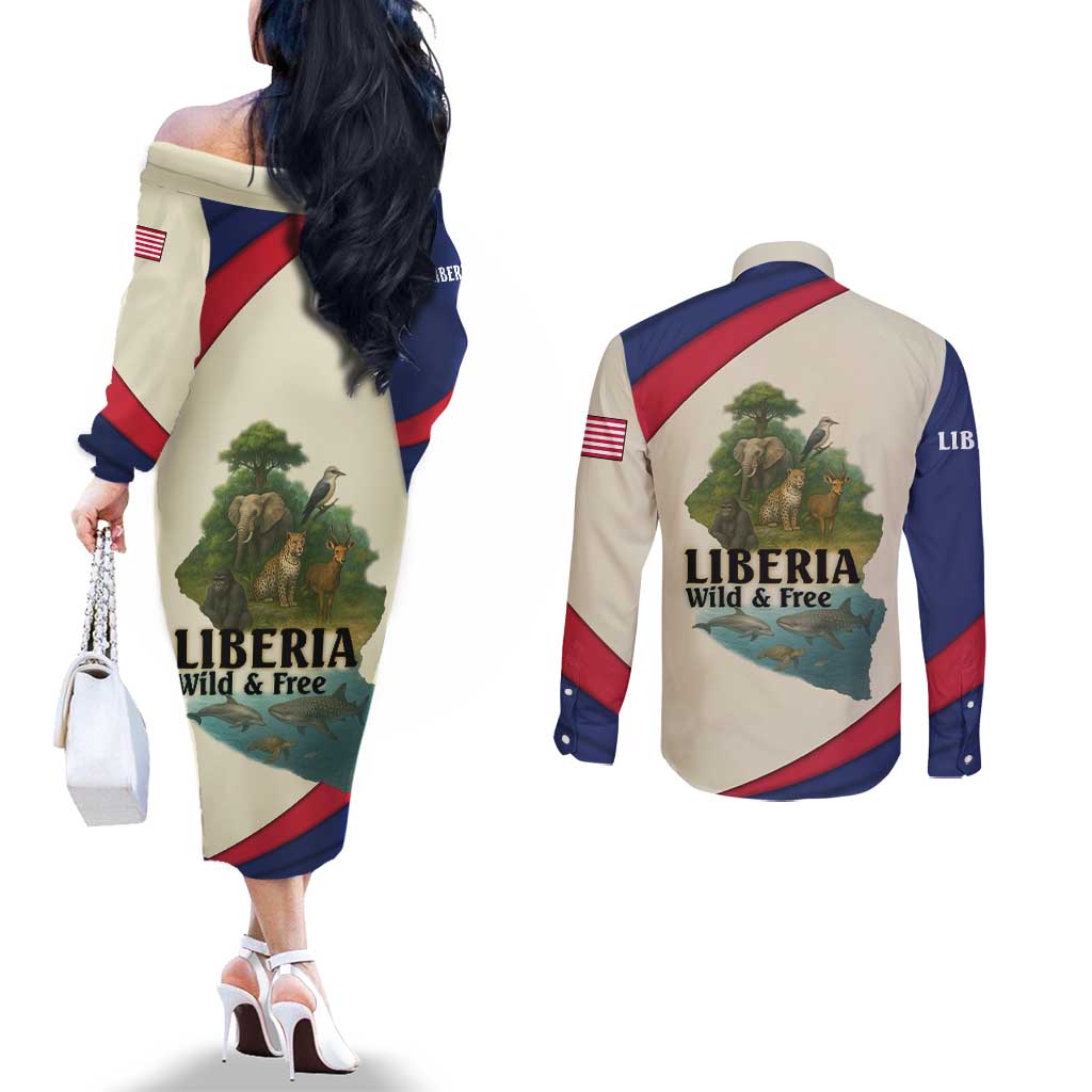 Liberia Wildlife Couples Matching Off The Shoulder Long Sleeve Dress and Long Sleeve Button Shirt with African Safari and Ocean Marine Life Design