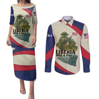 Liberia Wildlife Couples Matching Puletasi and Long Sleeve Button Shirt with African Safari and Ocean Marine Life Design