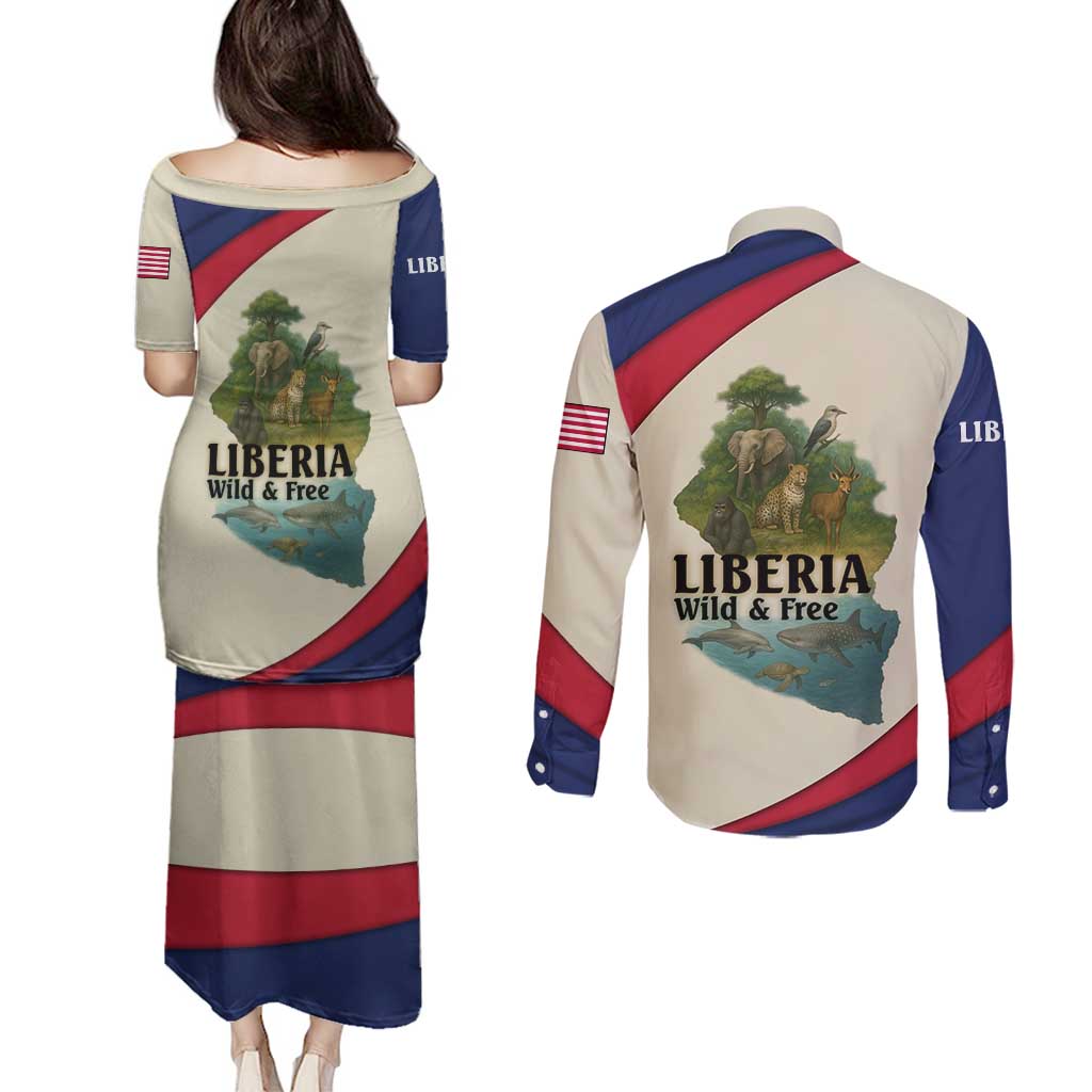 Liberia Wildlife Couples Matching Puletasi and Long Sleeve Button Shirt with African Safari and Ocean Marine Life Design