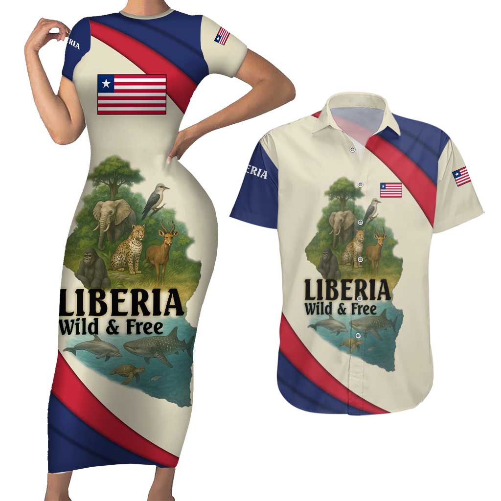 Liberia Wildlife Couples Matching Short Sleeve Bodycon Dress and Hawaiian Shirt with African Safari and Ocean Marine Life Design