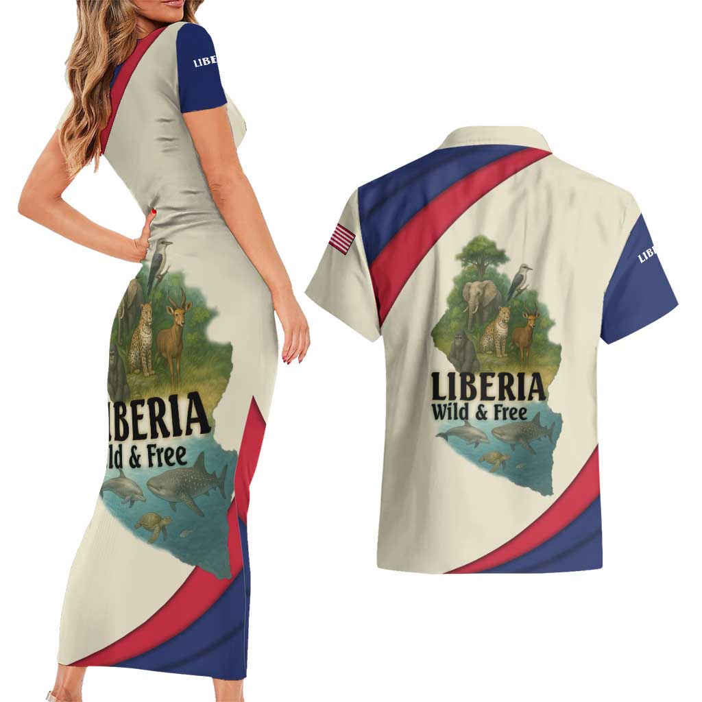Liberia Wildlife Couples Matching Short Sleeve Bodycon Dress and Hawaiian Shirt with African Safari and Ocean Marine Life Design