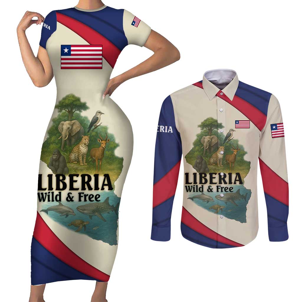 Liberia Wildlife Couples Matching Short Sleeve Bodycon Dress and Long Sleeve Button Shirt with African Safari and Ocean Marine Life Design