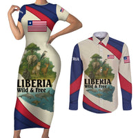 Liberia Wildlife Couples Matching Short Sleeve Bodycon Dress and Long Sleeve Button Shirt with African Safari and Ocean Marine Life Design