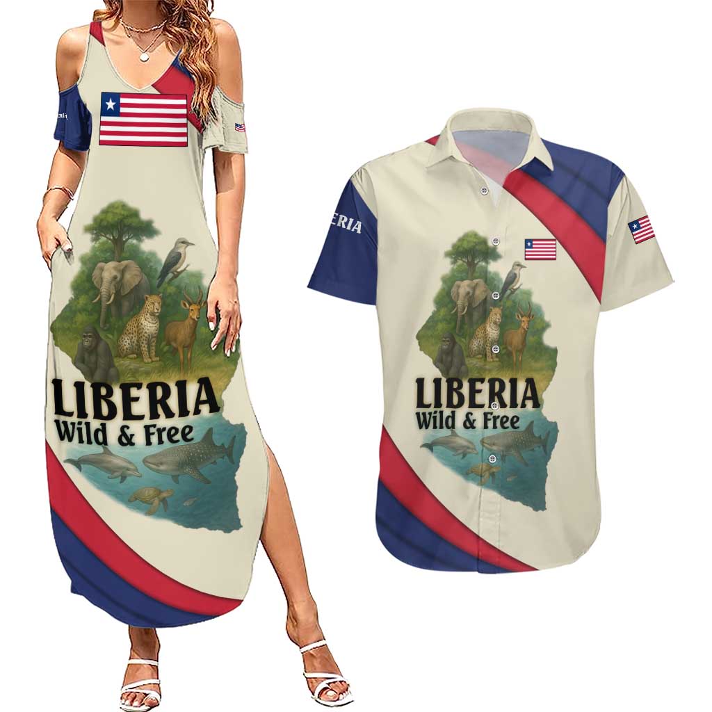 Liberia Wildlife Couples Matching Summer Maxi Dress and Hawaiian Shirt with African Safari and Ocean Marine Life Design