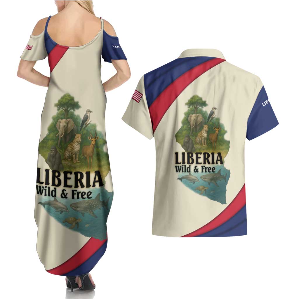 Liberia Wildlife Couples Matching Summer Maxi Dress and Hawaiian Shirt with African Safari and Ocean Marine Life Design