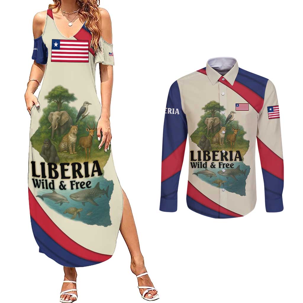 Liberia Wildlife Couples Matching Summer Maxi Dress and Long Sleeve Button Shirt with African Safari and Ocean Marine Life Design