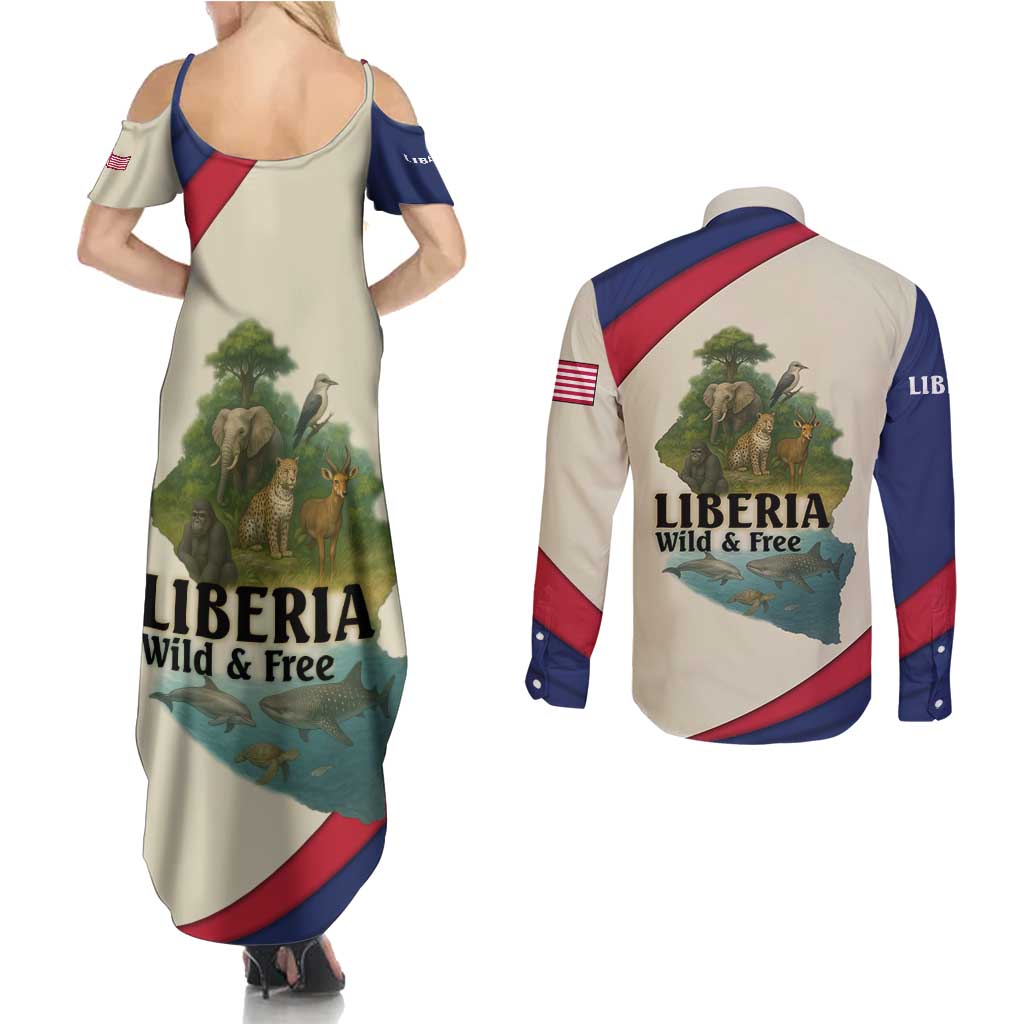 Liberia Wildlife Couples Matching Summer Maxi Dress and Long Sleeve Button Shirt with African Safari and Ocean Marine Life Design