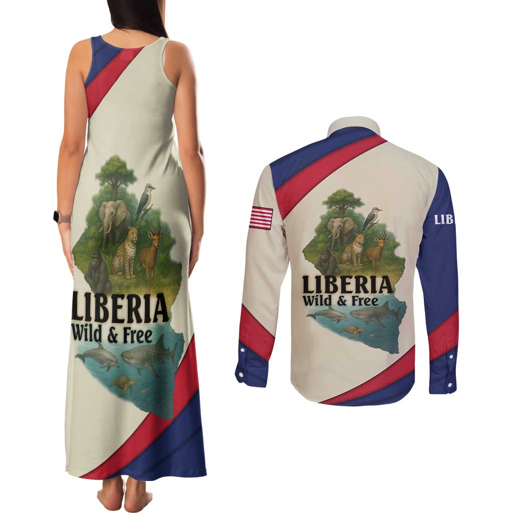 Liberia Wildlife Couples Matching Tank Maxi Dress and Long Sleeve Button Shirt with African Safari and Ocean Marine Life Design