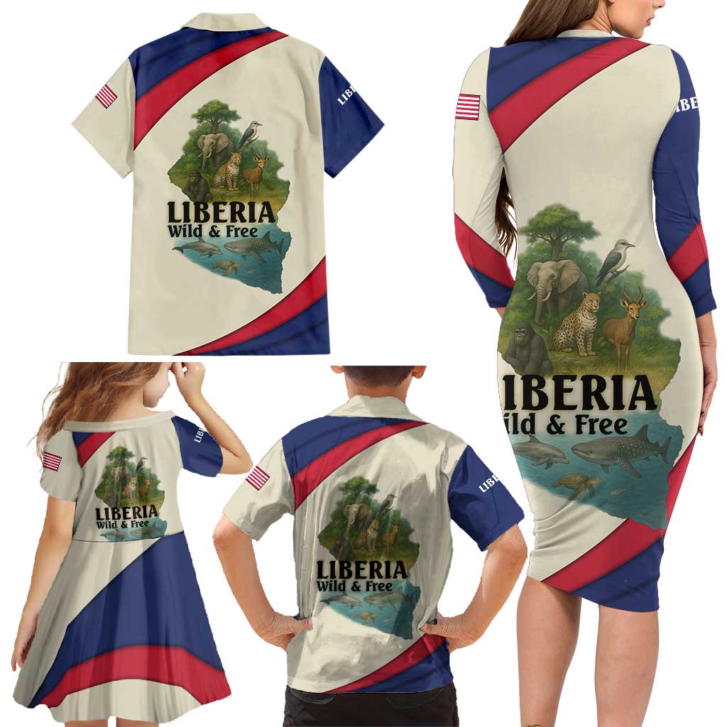 Liberia Wildlife Family Matching Long Sleeve Bodycon Dress and Hawaiian Shirt with African Safari and Ocean Marine Life Design