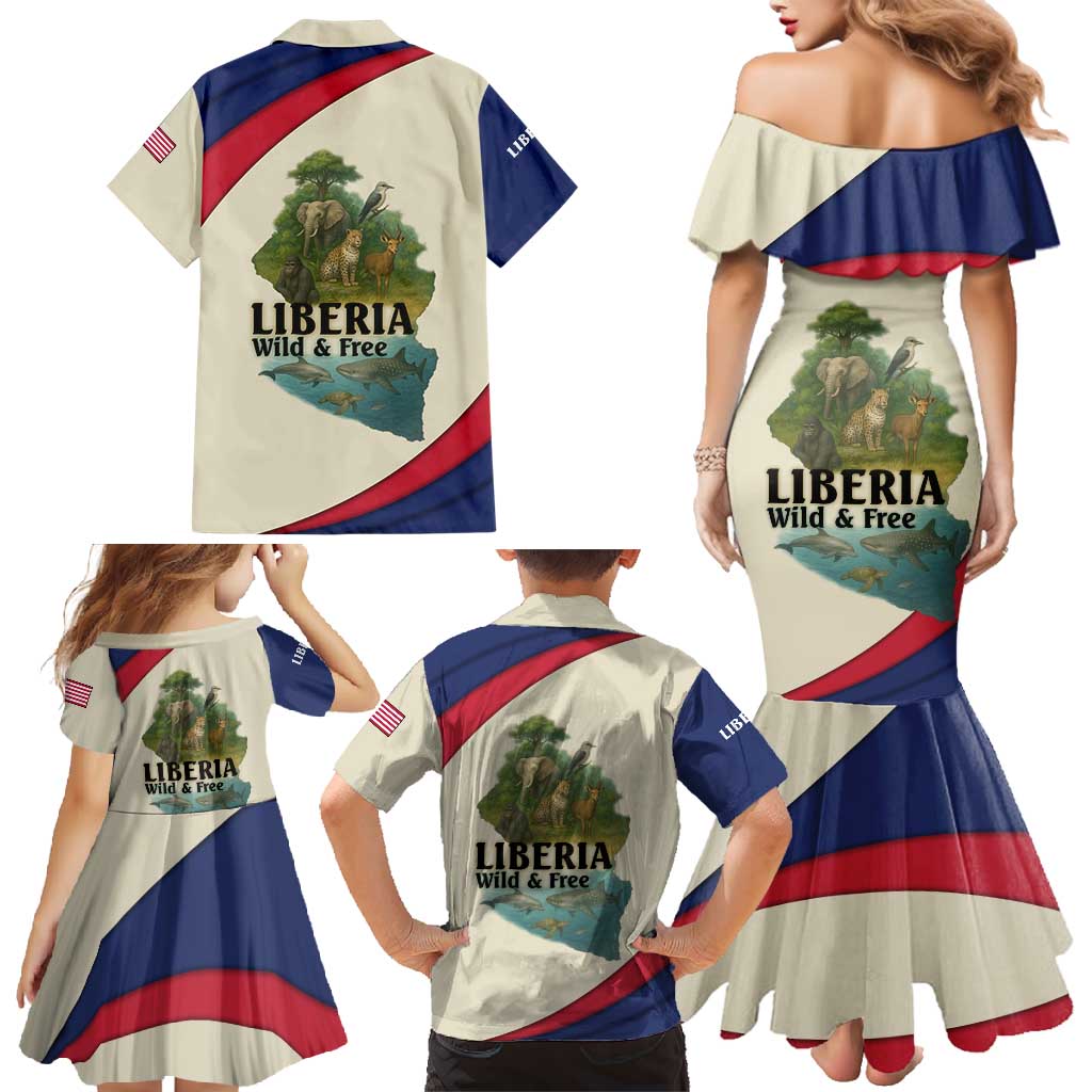 Liberia Wildlife Family Matching Mermaid Dress and Hawaiian Shirt with African Safari and Ocean Marine Life Design