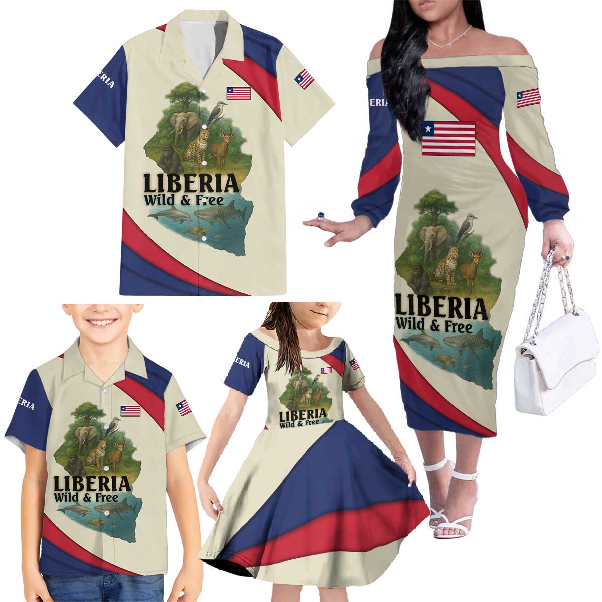 Liberia Wildlife Family Matching Off The Shoulder Long Sleeve Dress and Hawaiian Shirt with African Safari and Ocean Marine Life Design