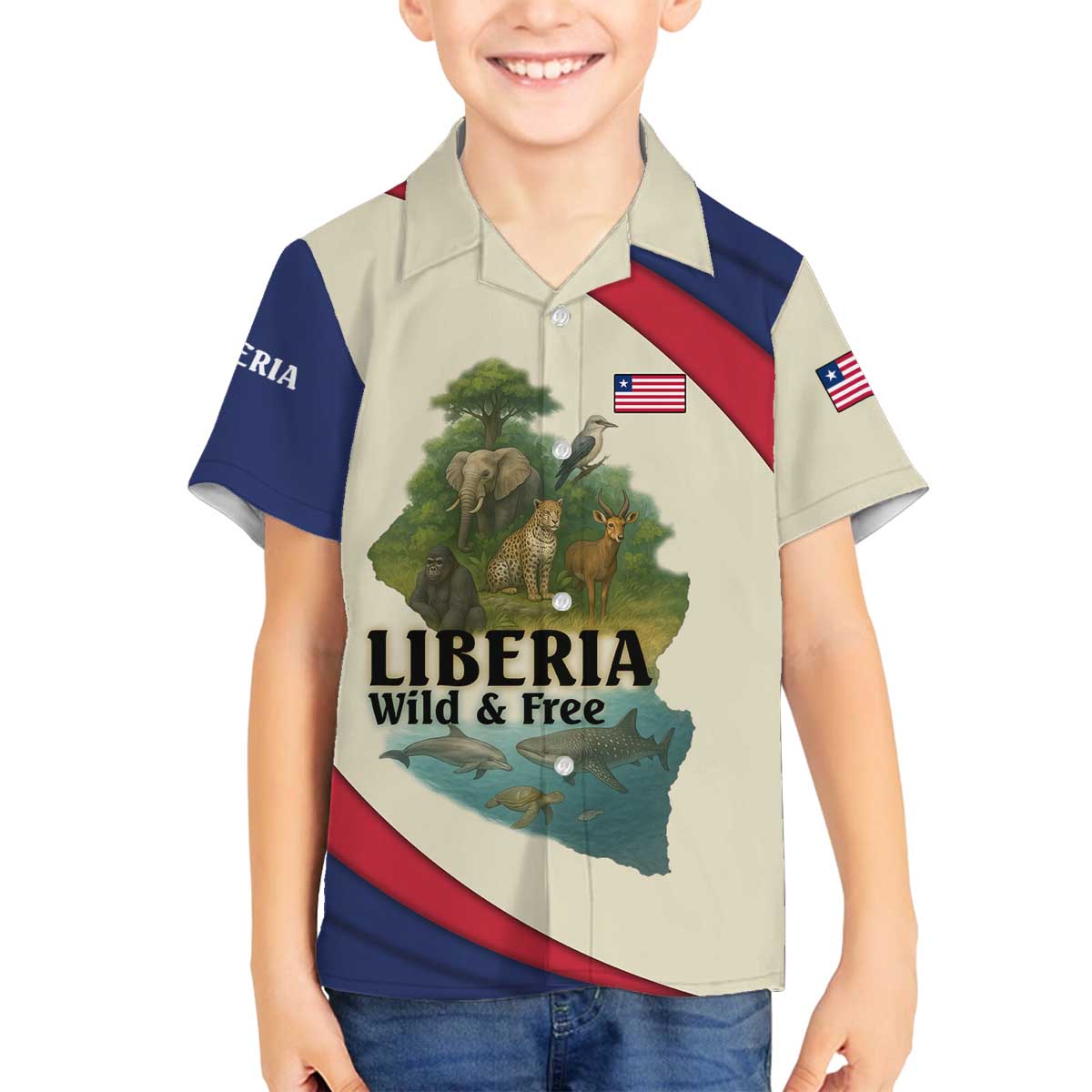 Liberia Wildlife Family Matching Off The Shoulder Long Sleeve Dress and Hawaiian Shirt with African Safari and Ocean Marine Life Design