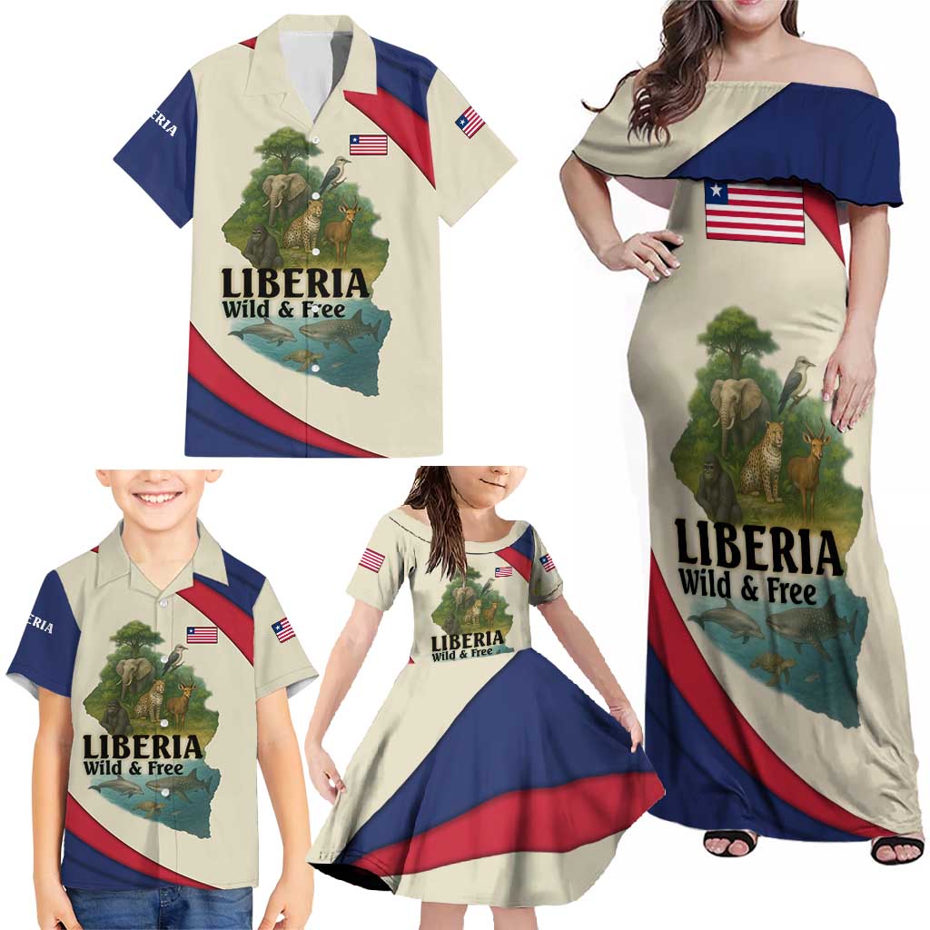 Liberia Wildlife Family Matching Off Shoulder Maxi Dress and Hawaiian Shirt with African Safari and Ocean Marine Life Design
