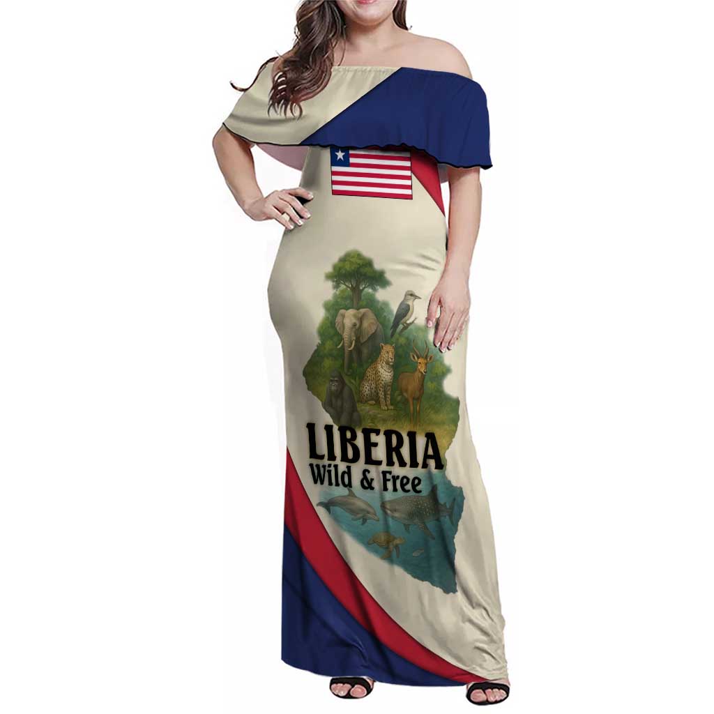 Liberia Wildlife Family Matching Off Shoulder Maxi Dress and Hawaiian Shirt with African Safari and Ocean Marine Life Design