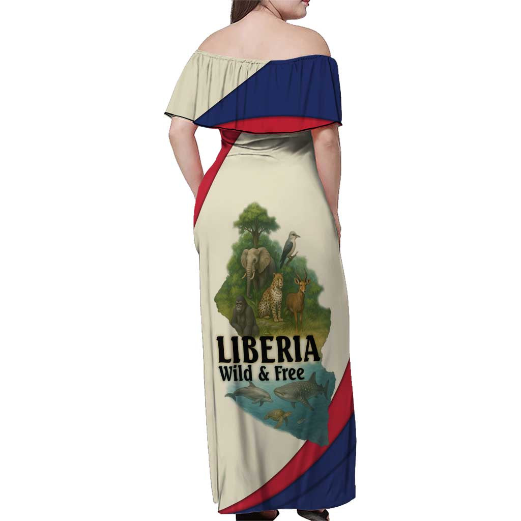 Liberia Wildlife Family Matching Off Shoulder Maxi Dress and Hawaiian Shirt with African Safari and Ocean Marine Life Design