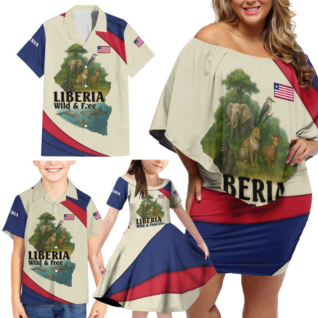 Liberia Wildlife Family Matching Off Shoulder Short Dress and Hawaiian Shirt with African Safari and Ocean Marine Life Design