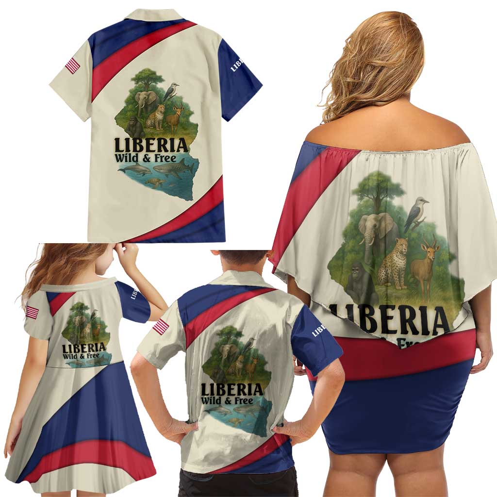 Liberia Wildlife Family Matching Off Shoulder Short Dress and Hawaiian Shirt with African Safari and Ocean Marine Life Design