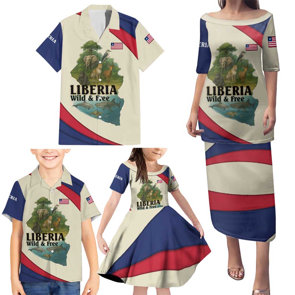 Liberia Wildlife Family Matching Puletasi and Hawaiian Shirt with African Safari and Ocean Marine Life Design