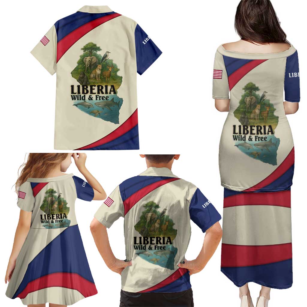 Liberia Wildlife Family Matching Puletasi and Hawaiian Shirt with African Safari and Ocean Marine Life Design