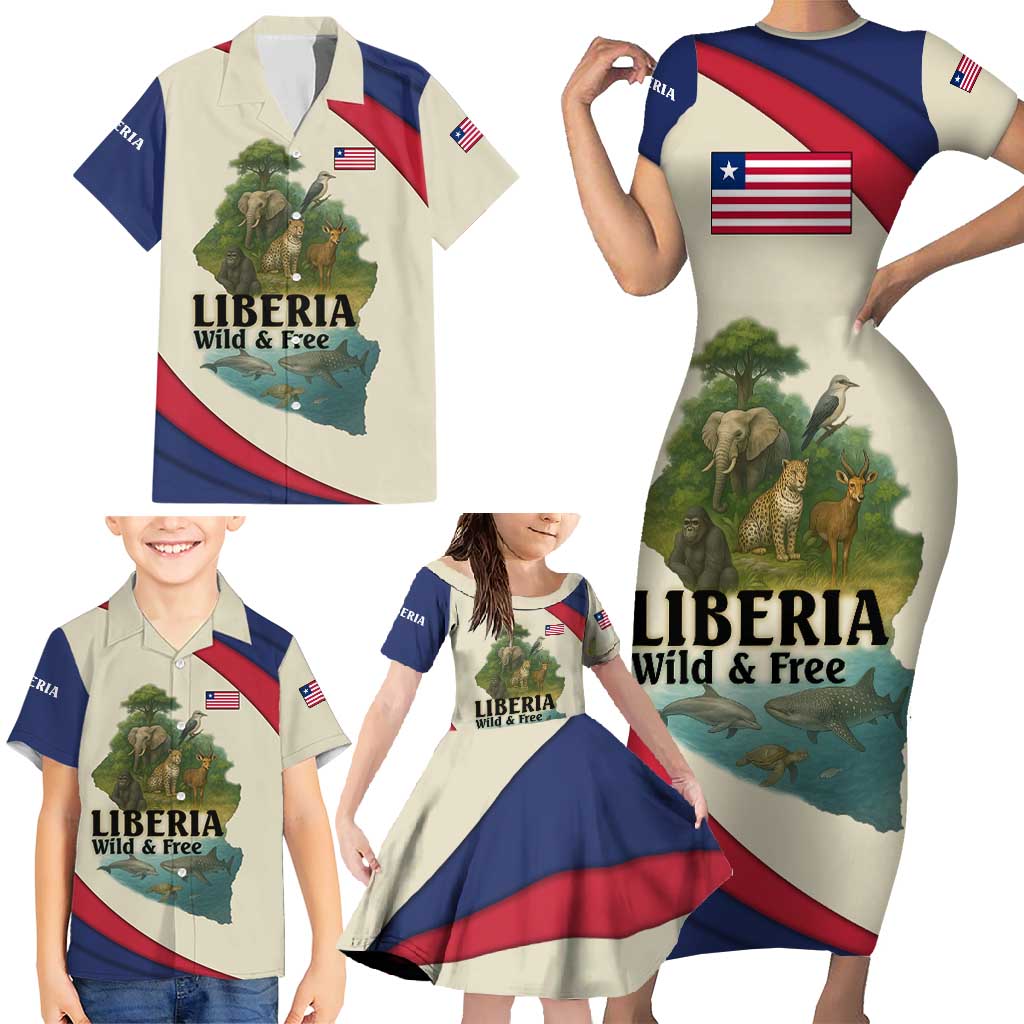 Liberia Wildlife Family Matching Short Sleeve Bodycon Dress and Hawaiian Shirt with African Safari and Ocean Marine Life Design