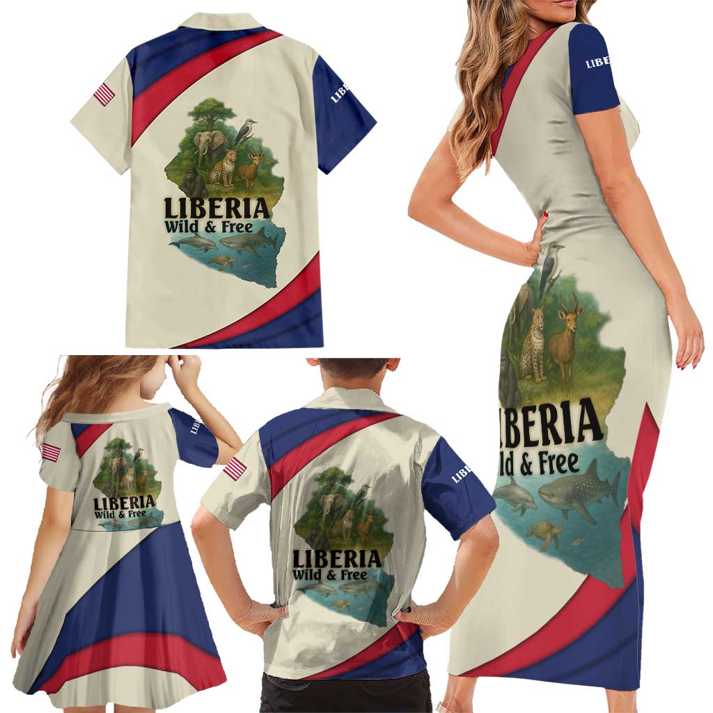 Liberia Wildlife Family Matching Short Sleeve Bodycon Dress and Hawaiian Shirt with African Safari and Ocean Marine Life Design