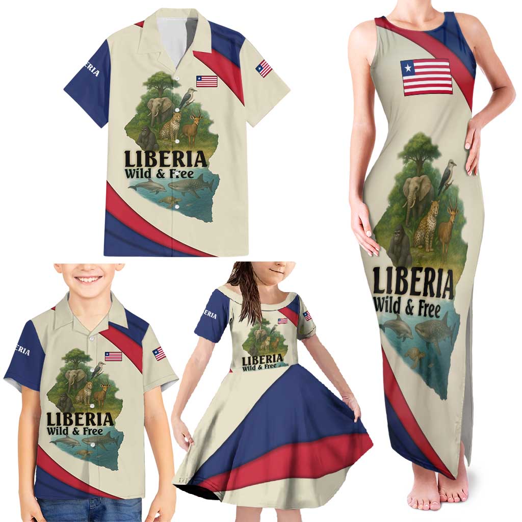 Liberia Wildlife Family Matching Tank Maxi Dress and Hawaiian Shirt with African Safari and Ocean Marine Life Design