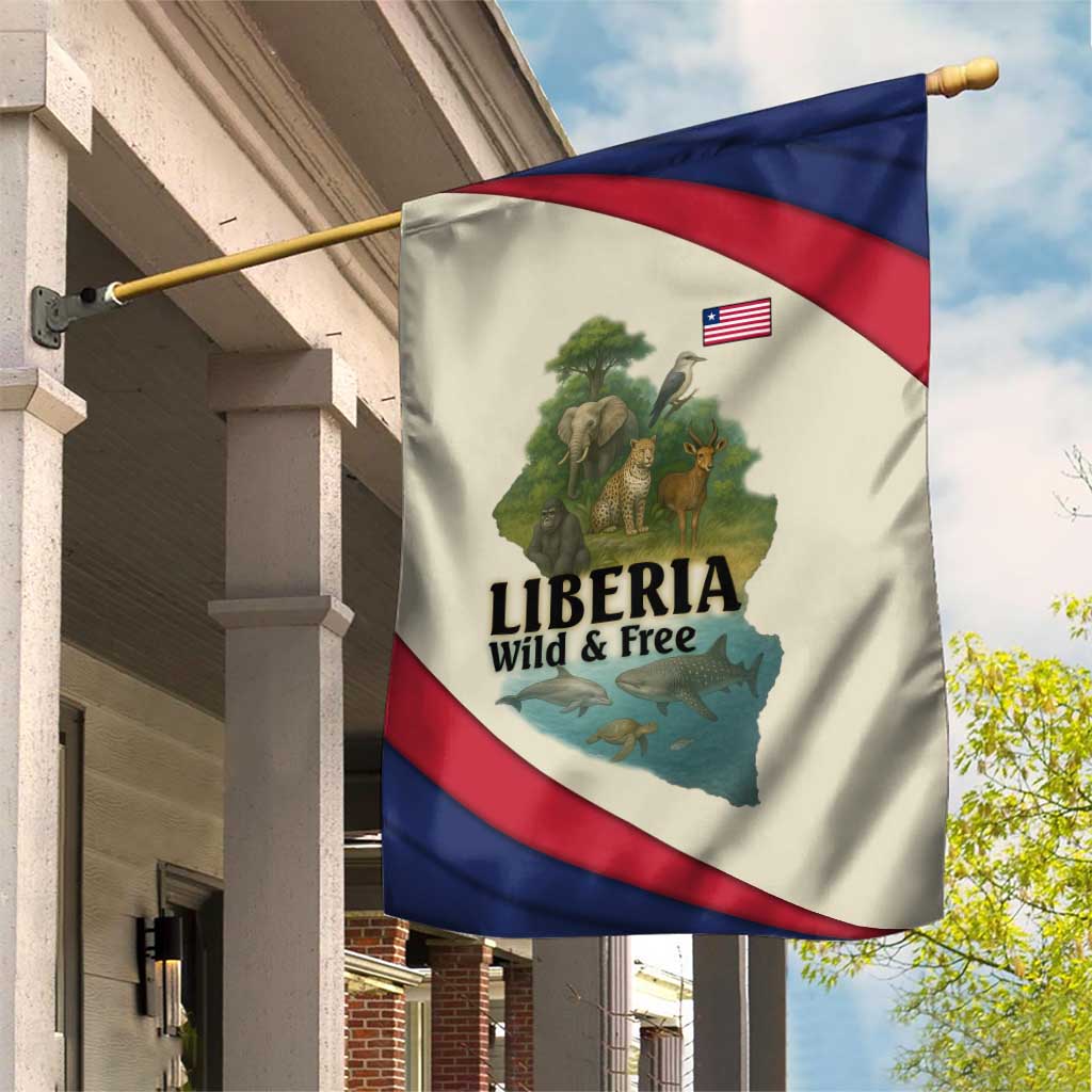 Liberia Wildlife Garden Flag with African Safari and Ocean Marine Life Design