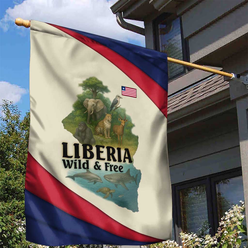 Liberia Wildlife Garden Flag with African Safari and Ocean Marine Life Design