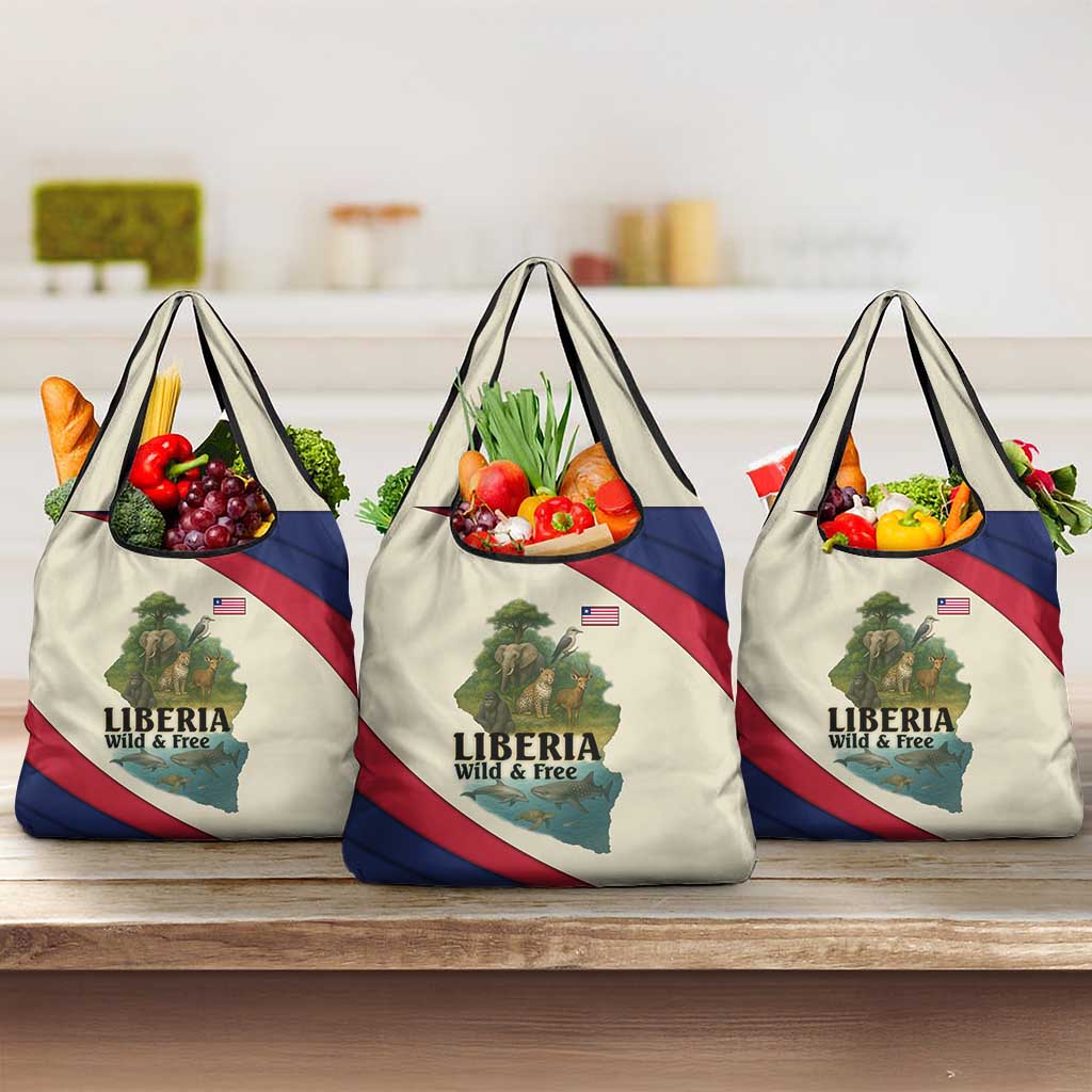 Liberia Wildlife Grocery Bag with African Safari and Ocean Marine Life Design
