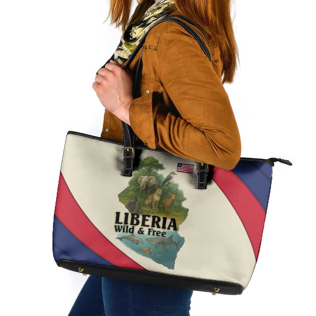 Liberia Wildlife Leather Tote Bag with African Safari and Ocean Marine Life Design
