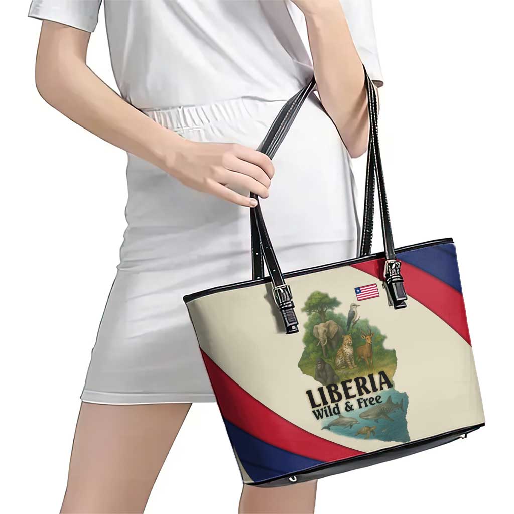 Liberia Wildlife Leather Tote Bag with African Safari and Ocean Marine Life Design