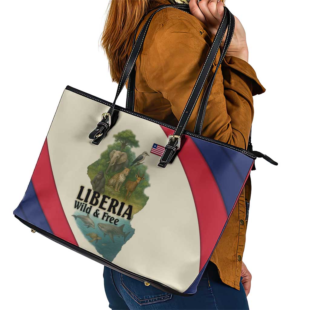 Liberia Wildlife Leather Tote Bag with African Safari and Ocean Marine Life Design