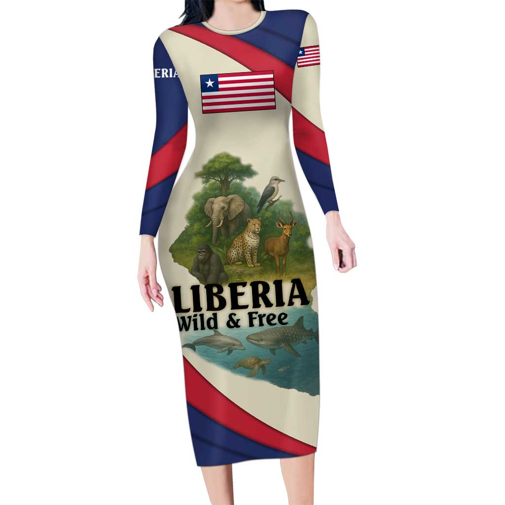 Liberia Wildlife Long Sleeve Bodycon Dress with African Safari and Ocean Marine Life Design
