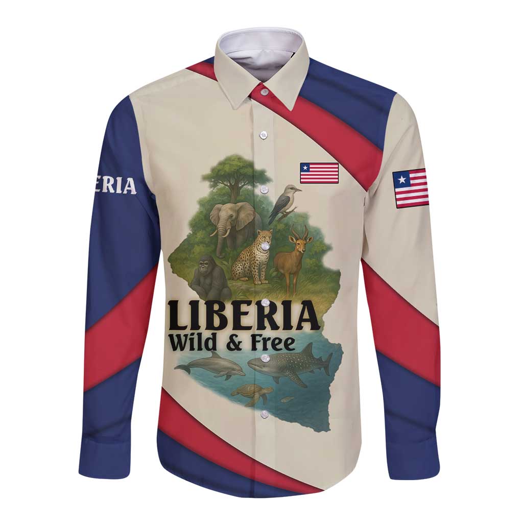Liberia Wildlife Long Sleeve Button Shirt with African Safari and Ocean Marine Life Design