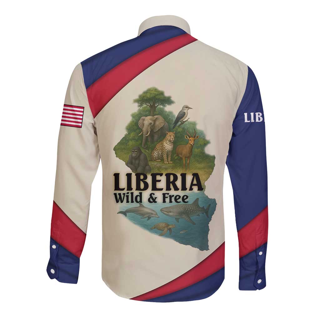 Liberia Wildlife Long Sleeve Button Shirt with African Safari and Ocean Marine Life Design