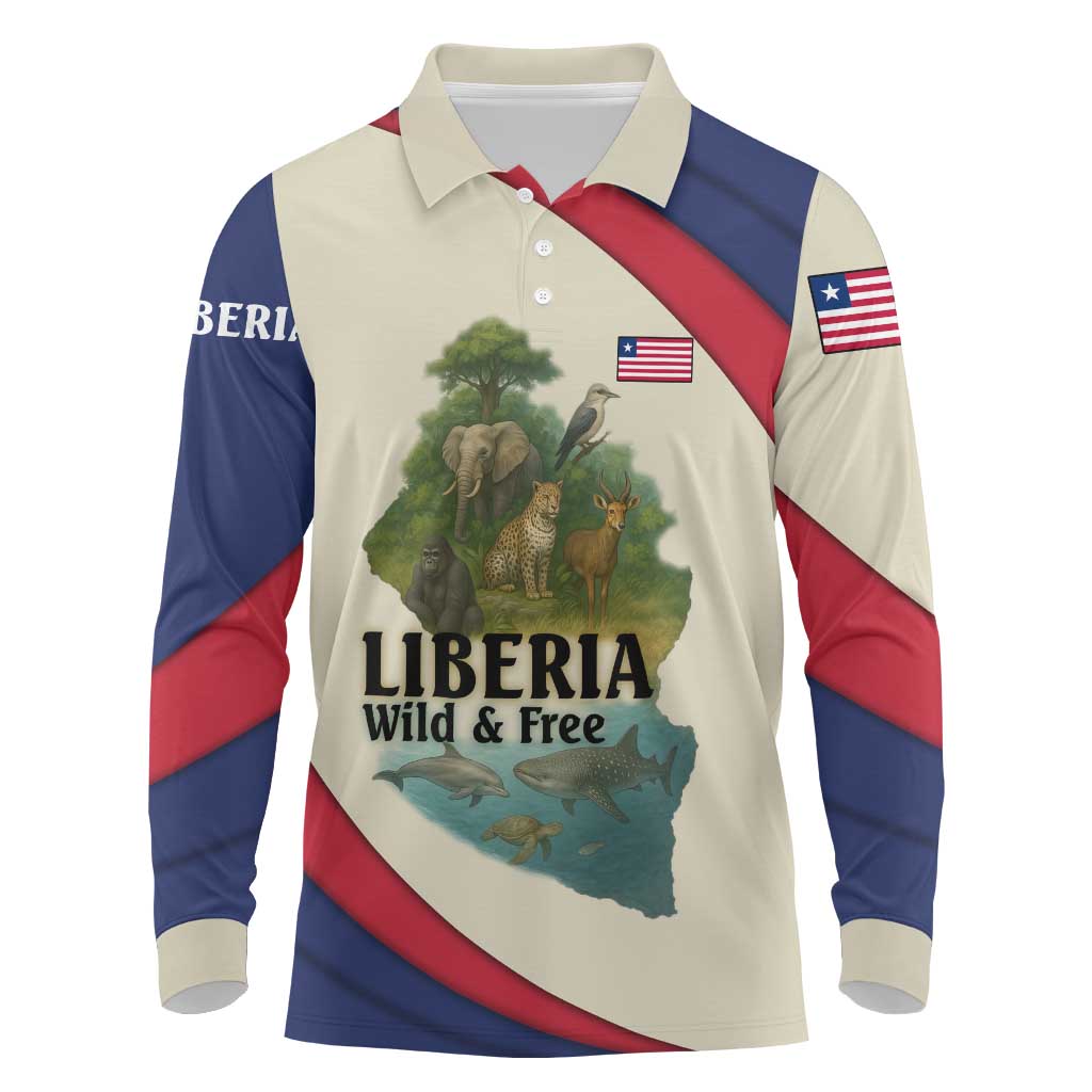 Liberia Wildlife Long Sleeve Polo Shirt with African Safari and Ocean Marine Life Design