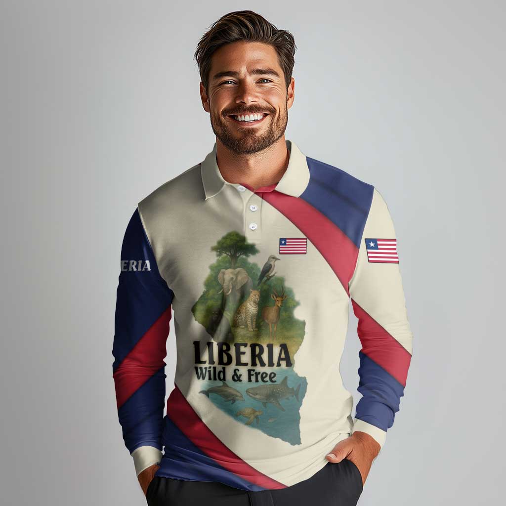 Liberia Wildlife Long Sleeve Polo Shirt with African Safari and Ocean Marine Life Design