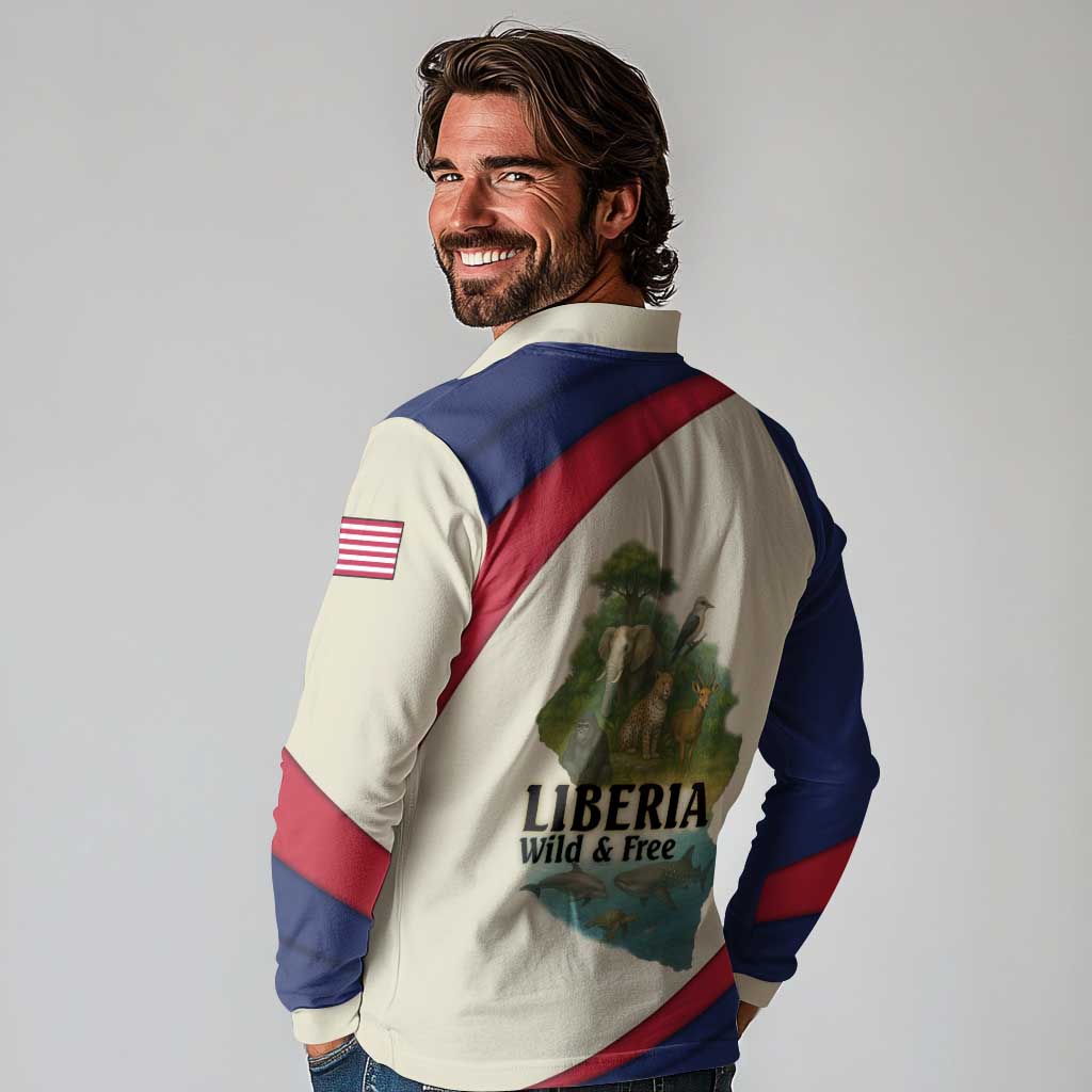 Liberia Wildlife Long Sleeve Polo Shirt with African Safari and Ocean Marine Life Design